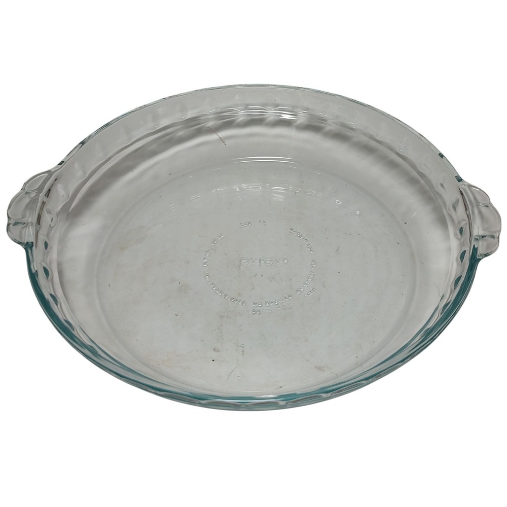 Vintage Pyrex Clear Glass Pie Plate Fluted with Tab Handles 229 Blue Tint 9.5 In